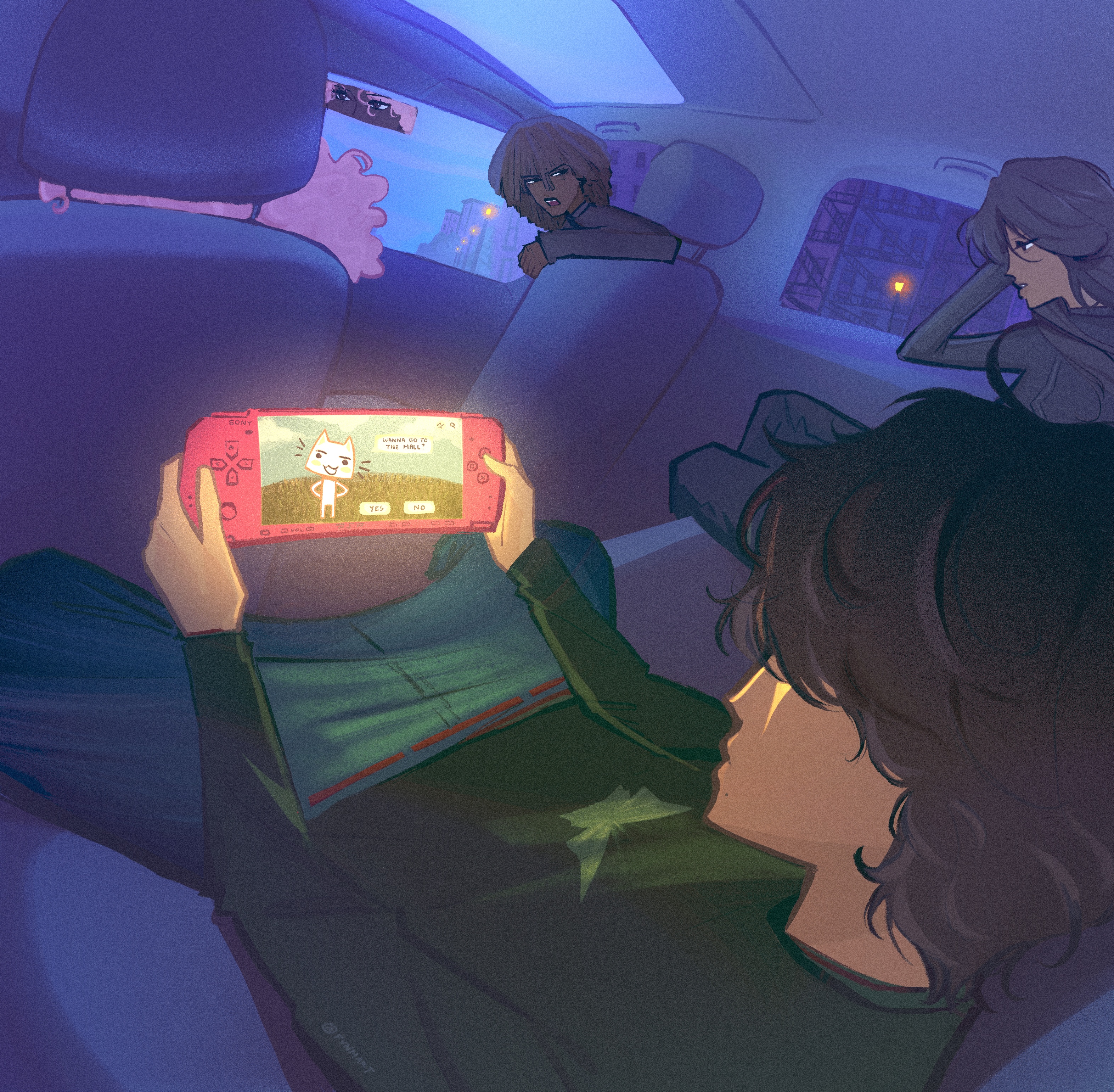 An image of friends in a car
