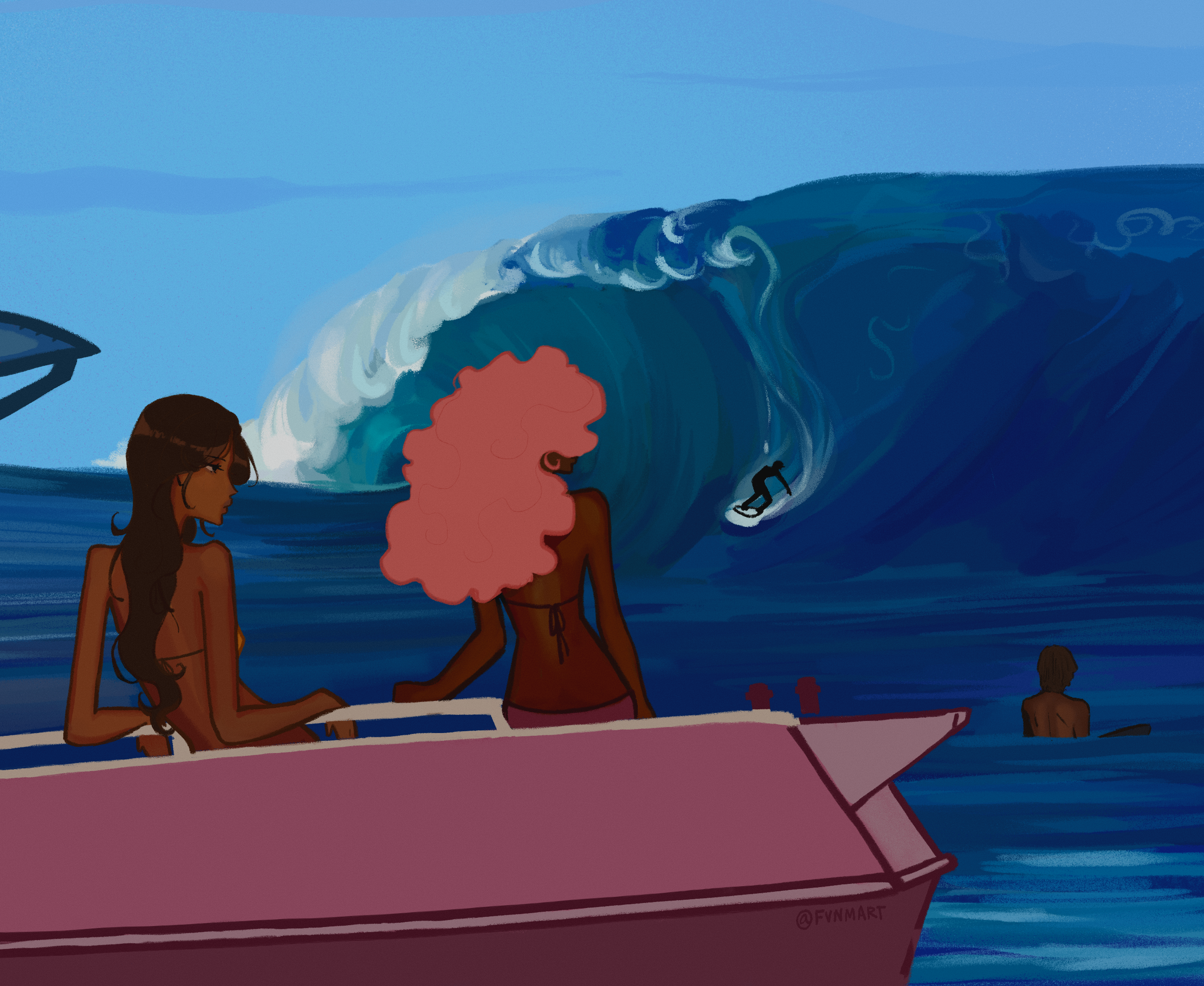 An image of friends in the waves